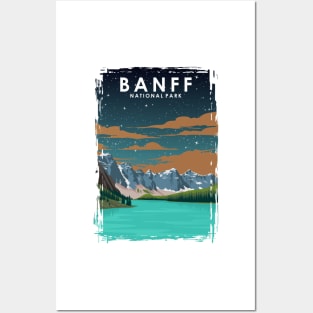 Banff National Park Vintage Minimal Retro Travel Poster at Night Posters and Art